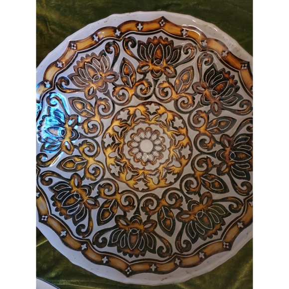 Vintage Embossed Silverina Reverse Cut Glass Bowl Gold Brown Floral - Picture 2 of 3